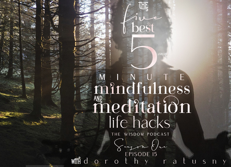 the-five-best-5-minute-mindfulness-and-meditation-life-hacks-the wisdom podcast S1 E15 with Dorothy Ratusny (forest scene with meditation silhouette)