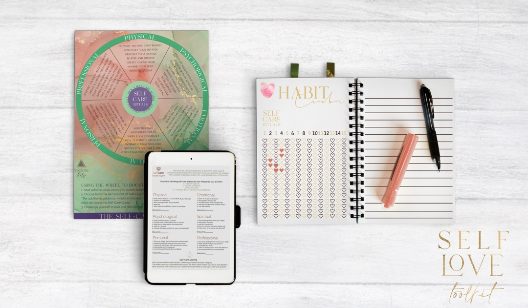 the self cafe guide contains: self-care inventory quiz, the self-care rituals wheel, the self-care blank canvas, the habit tracker tool + 5 pages of guidance on cultivating self-love success habits